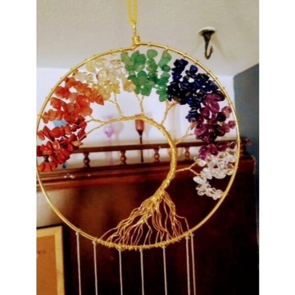 Tree of Life Agate Slice Wind Chime, Handmade 7 Chakra Stone Healing Crystal - Picture 1 of 3